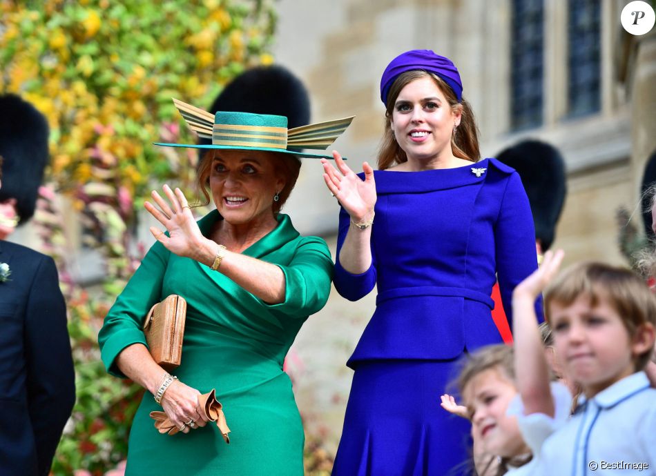 Sarah Ferguson, la princesse Beatrice d&#039;York - Sorties après la cérémonie de mariage de la princesse Eugenie d&#039;York et Jack Brooksbank en la chapelle Saint-George au château de Windsor le 12 octobre 2018.