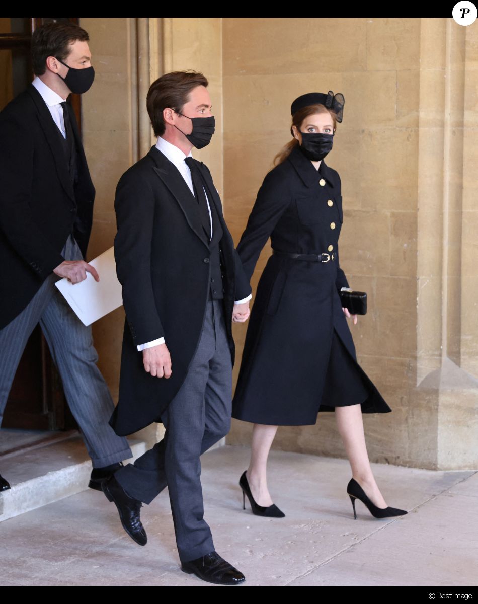 La princesse Beatrice d'York et son mari Edoardo Mapelli Mozzi - Arrivées aux funérailles du prince Philip, duc d'Edimbourg à la chapelle Saint-Georges du château de Windsor, le 17 avril 2021.