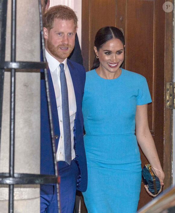 Le prince Harry, duc de Sussex, et Meghan Markle, duchesse de Sussex à la sortie de la cérémonie des Endeavour Fund Awards au Mansion House à Londres, Royaume Uni, le 5 mars 2020.