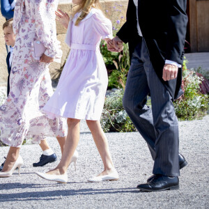 La princesse Victoria de suède, le prince Daniel, le prince Oscar et la princesse Estelle - La famille royale suédoise au baptême du prince Julian, duc de Halland, au château de Drottningholm sur l'île de Lovön. Ekero. Le 14 août 2021.