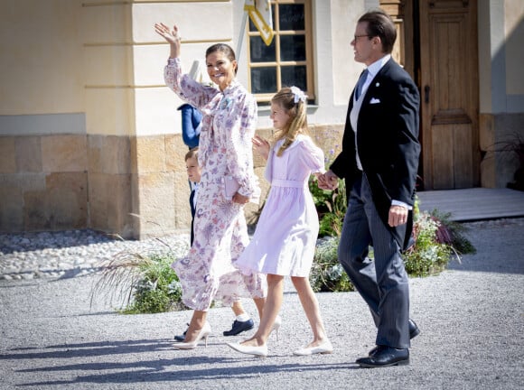 La princesse Victoria de suède, le prince Daniel, le prince Oscar et la princesse Estelle - La famille royale suédoise au baptême du prince Julian, duc de Halland, au château de Drottningholm sur l'île de Lovön. Ekero. Le 14 août 2021.