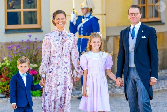 La princesse Victoria de Suède, le prince Daniel, la princesse Estelle, le prince Oscar - La famille royale suédoise au baptême du prince Julian, duc de Halland, au château de Drottningholm sur l'île de Lovön. Ekero. Le 14 août 2021.