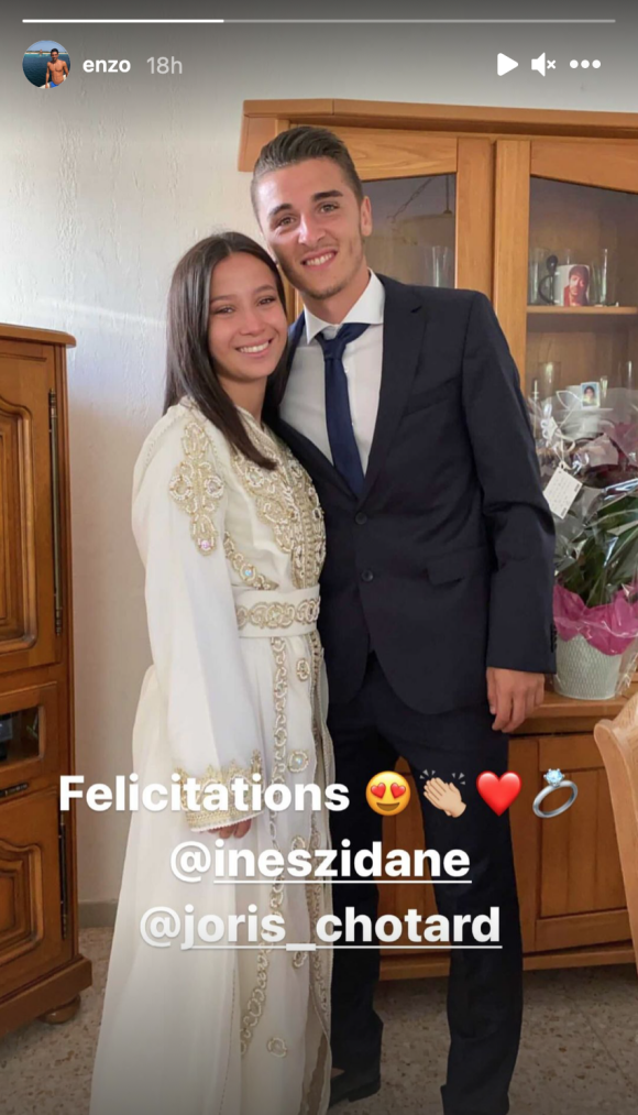 Enzo Zidane a félicité sa cousine Inès Zidane, qui s'est mariée au footballeur Joris Chotard. Août 2021.