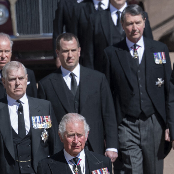 Le prince Charles, prince de Galles, la princesse Anne, le prince Andrew, duc d'York, le prince Edward, comte de Wessex, le prince William, duc de Cambridge, Peter Phillips, le prince Harry, duc de Sussex, David Armstrong-Jones, comte de Snowdon, Sir Timothy Laurence - Arrivées aux funérailles du prince Philip, duc d'Edimbourg à la chapelle Saint-Georges du château de Windsor, le 17 avril 2021.