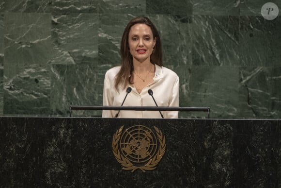 Angelina Jolie parle à la tribune de l'ONU à New York le 29 mars 2019. 