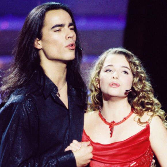 Archives - Damien Sargue et Cécilia Cara au Grimaldi Forum à Monaco lors de l'élection de Miss France. Le 10 décembre 2000.