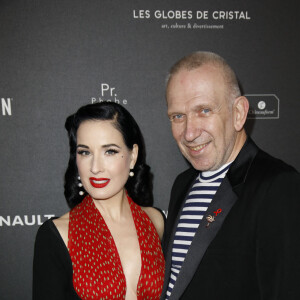 Dita von Teese et Jean-Paul Gaultier - 14e cérémonie des Globes de Cristal, à la salle Wagram à Paris, le 4 février 2019. © Marc Ausset-Lacroix/Bestimage