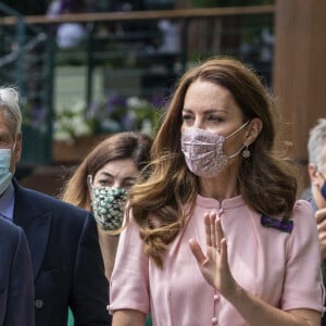 Catherine (Kate) Middleton, duchesse de Cambridge, arrive à la finale Messieurs du tournoi de tennis de Wimbledon au All England Lawn Tennis and Croquet Club à Londres, Royaume Uni, le 11 juillet 2021.