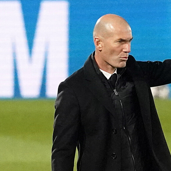 Zinedine Zidane - Le Real Madrid a battu l'Atalanta (3 - 1) en match de Ligue des Champions et Karim Benzema marque son 70ème but de la compétition, le 16 mars 2021. © Alterphotos / Panoramic / Bestimage