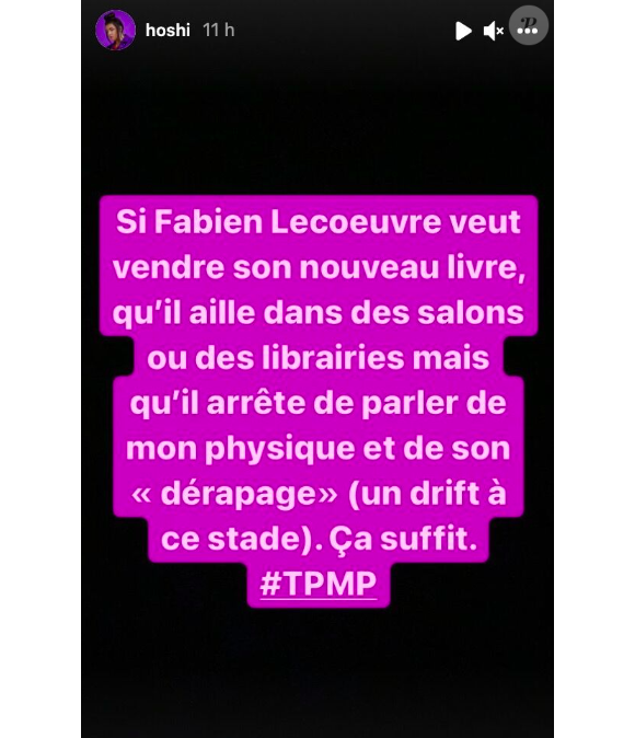 Hoshi s'agace contre Fabien Lecoeuvre sur Instagram. Octobre 2021.