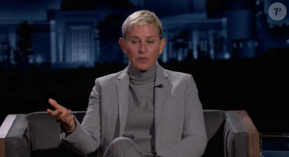 Jimmy Kimmel évite le scandale en recevant Ellen DeGeneres dans son émission "Jimmy Kimmel Live" sans lui parler des rumeurs de mauvais traitements infligé à son personnel dont elle a fait l'objet à l'été 2020. Los Angeles. Le 21 avril 2021.
