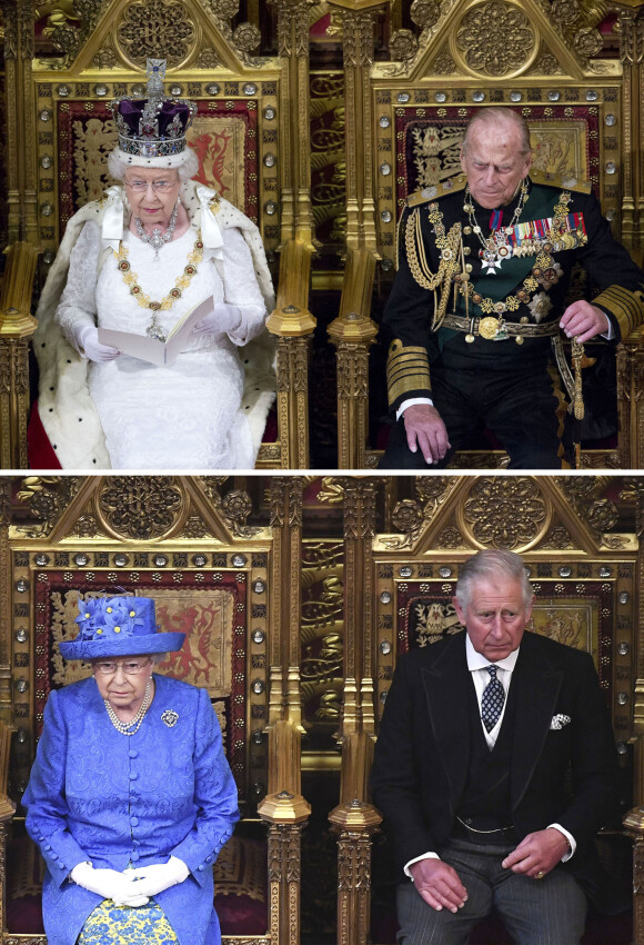 Photo en parallèle de la reine Elisabeth II d'Angleterre pendant son discours lors de la cérémonie d'ouverture du parlement à la House of Lords au palais de Westmisnter à Londres avec son mari prince Philip, duc d'Edimbourg le 18 mai 2016 et son fils le prince Charles, prince de Galles le 21 juin 2017. 