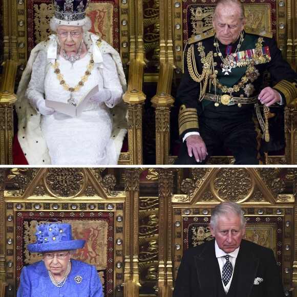 Photo en parallèle de la reine Elisabeth II d'Angleterre pendant son discours lors de la cérémonie d'ouverture du parlement à la House of Lords au palais de Westmisnter à Londres avec son mari prince Philip, duc d'Edimbourg le 18 mai 2016 et son fils le prince Charles, prince de Galles le 21 juin 2017. 