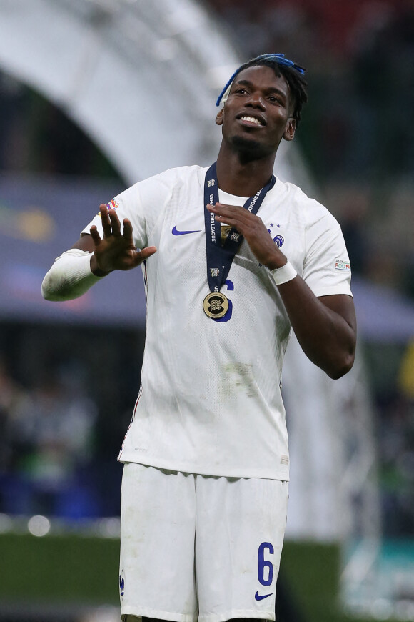 Paul Pogba - Football: La France remporte la coupe de la Ligue des Nations en battant l'Espagne 2 buts à 1 à Milan le 10 octobre 2021.