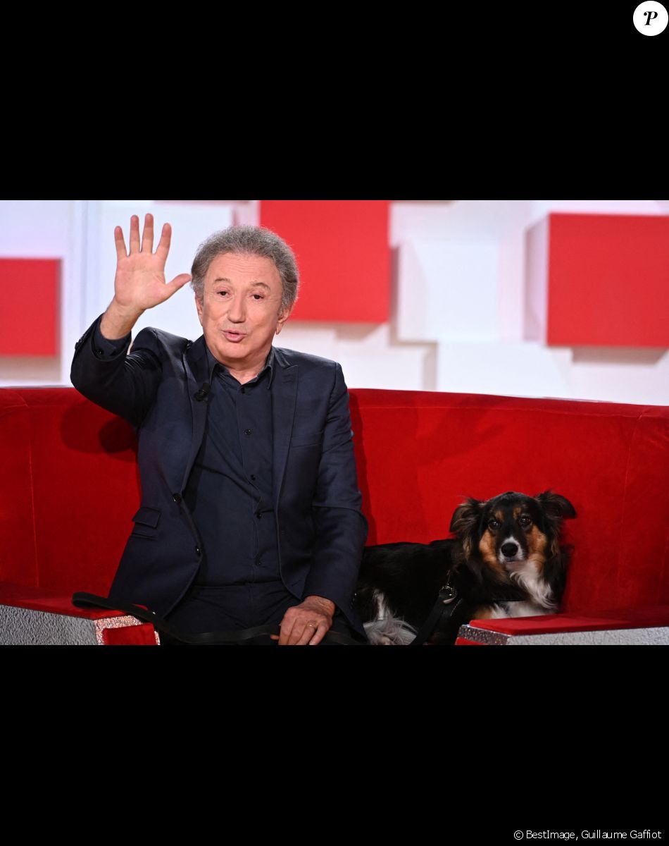 Exclusif - Michel Drucker et sa chienne Isia- Enregistrement de l'émission Vivement dimanche prochain au studio Gabriel, presentée par Michel Drucker . Diffusion sur France 2 le 21 Novembre 2021 . © Guillaume Gaffiot / Bestimage