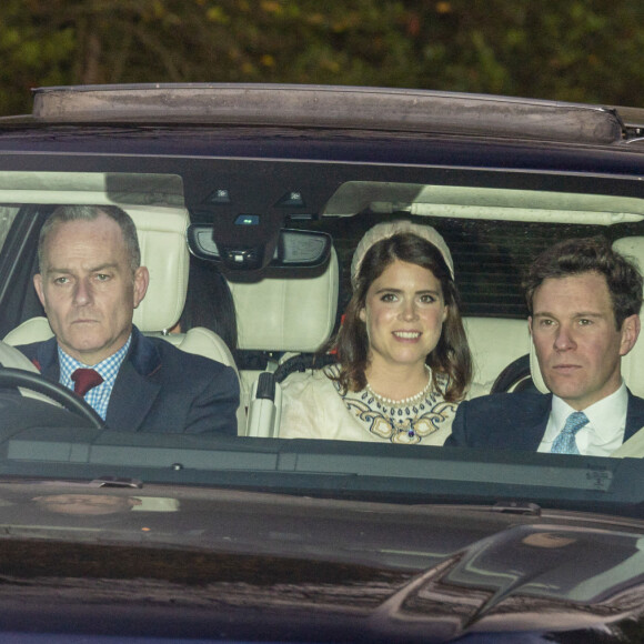 La princesse Eugenie et son mari Jack Brooksbank se rendent au baptême de leur fils August à la All Saints Chapel de Windsor, le 21 novembre 2021