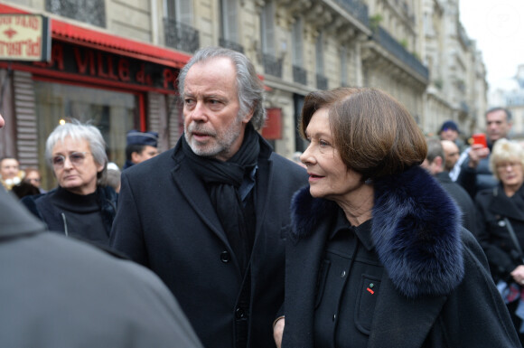 Macha Méril et Michel Leeb lors des obsèques de Michel Legrand en la cathédrale orthodoxe Saint-Alexandre-Nevsky à Paris, le 1er février 2019.