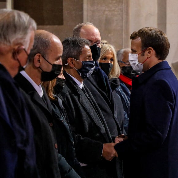 Le président de la République française, Emmanuel Macron, Richard Ferrand, président de l'Assemblée Nationale, Gérard Larcher, président du Sénat, Jean-Michel Blanquer, ministre de l'Éducation nationale, de la Jeunesse et des Sports, Brian Bouillon-Baker, fils de Joséphine Baker, Le prince Albert II de Monaco et la Première Dame Brigitte Macron lors de la cérémonie solennelle d'entrée de la diva Joséphine Baker au Panthéon à Paris, France, le 30 novembre 2021. Le cénotaphe de la danseuse et chanteuse française d'origine américaine qui a combattu pour la Résistance française et contre le racisme, Joséphine Baker (1906-1975). L'icône sera la sixième femme sur 80 personnalités illustres à recevoir l'honneur d'être accueillie au Panthéon. © Dominique Jacovides/Bestimage 