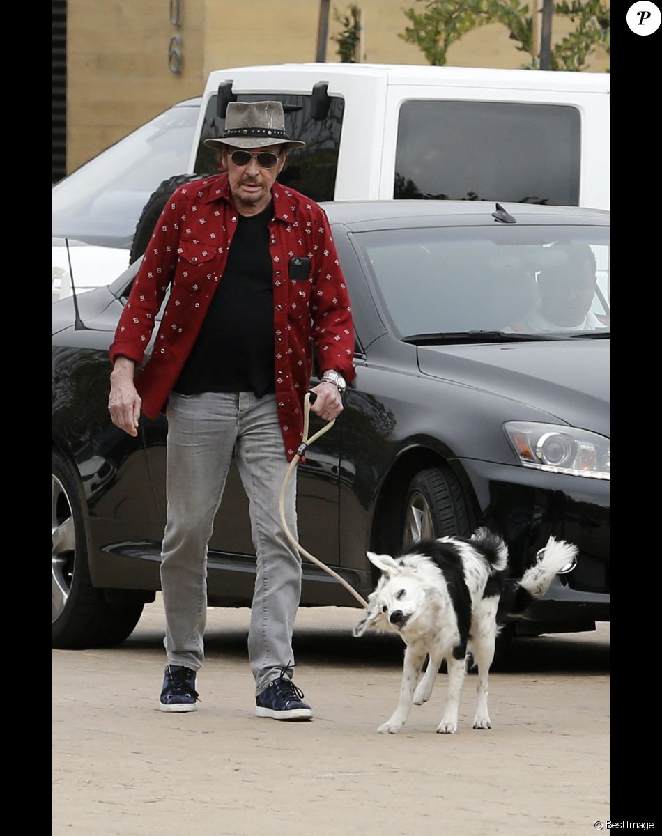 Johnny Hallyday arrive avec sa chienne Cheyenne pour aller déjeuner avec ses amis, P. Rambaldi et le musicien J.C. Sindres au restaurant Nobu dans le quartier de Malibu à Los Angeles, Californie, Etats-Unis, le 2 avril 2017.