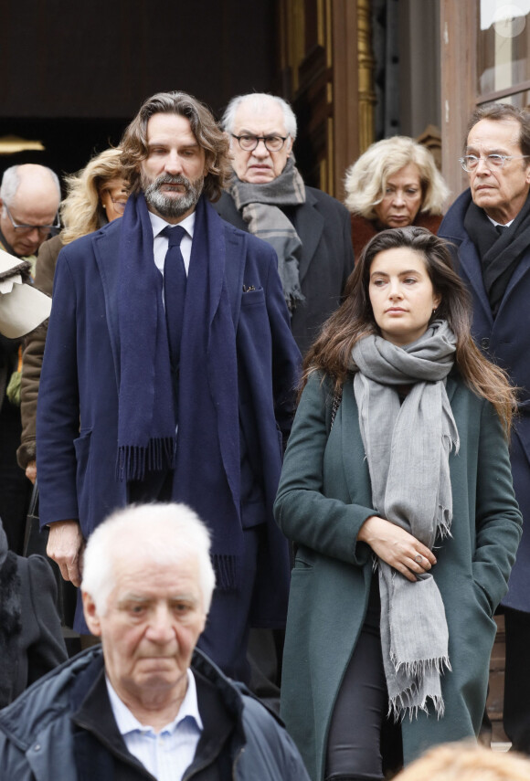 Frédéric Beigbeder et sa femme Lara Micheli lors des obsèques de Michel Legrand en la cathédrale orthodoxe Saint-Alexandre-Nevsky à Paris, le 1er février 2019. 