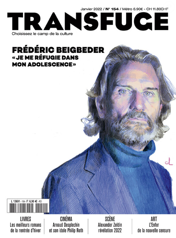 Frédéric Beigbeder en couverture du magazine culturel "Transfuge".