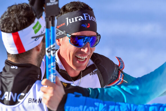 Quentin Fillon Maillet et ses coéquipiers champions du monde de relais en Biathlon à Anterselva en Italie le 22 Février 2020.