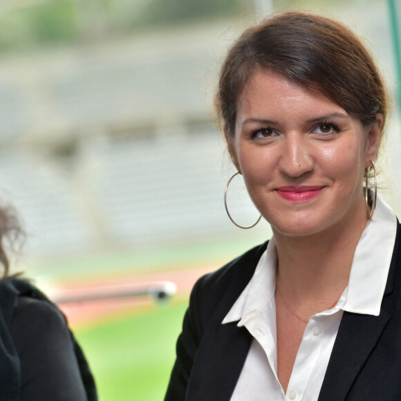 Marlène Schiappa, secrétaire d'état au près du PM, chargée de l'égalité Hommes Femmes - Conférence de presse des Gay Games Paris 2018 au stade Charléty à Paris. Le 2 octobre 2017