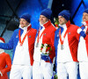 Fabien Claude, Émilien Jacquelin, Simon Desthieux et Quentin Fillon Maillet remportent la médaille d'argent à l'épreuve du biathlon masculin par équipe aux Jeux Olympiques d'hiver à Pékin. Le 16 février 2022.