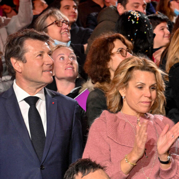 Christian Estrosi et sa femme Laura Tenoudji - Cérémonie d'ouverture du 137e Carnaval de Nice avec pour thème le "Roi des animaux". Le 11 février 2022.