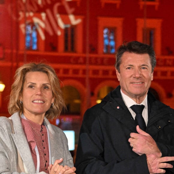 Christian Estrosi et sa femme Laura Tenoudji - Cérémonie d'ouverture du 137e Carnaval de Nice avec pour thème le "Roi des animaux". Le 11 février 2022.