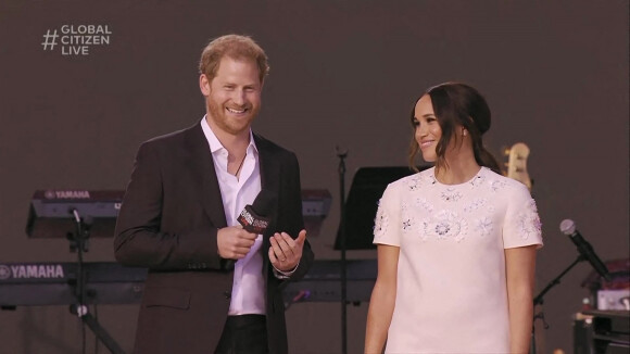 L'intervention du Prince Harry et sa femme Meghan Markle pendant le concert "Global Citizen Live" à New York City, New York.
