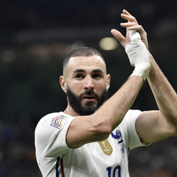 Karim Benzema - Football: La France remporte la coupe de la Ligue des Nations en battant l'Espagne 2 buts à 1 à Milan le 10 octobre 2021. © Inside/Panoramic/Bestimage