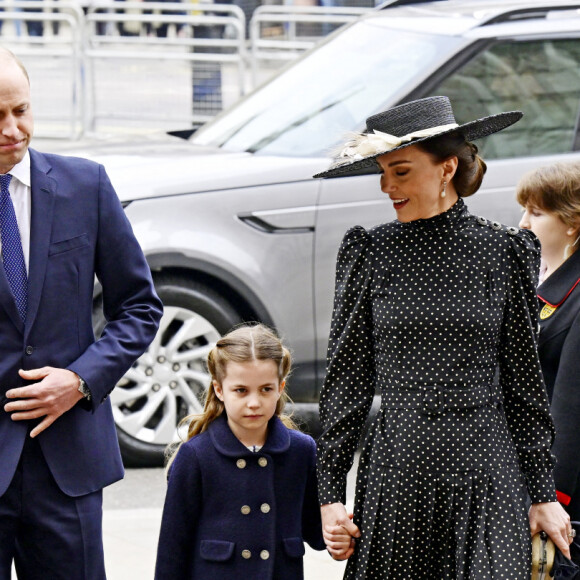 Le prince William, duc de Cambridge, et Catherine (Kate) Middleton, duchesse de Cambridge, Le prince George de Cambridge et la princesse Charlotte de Cambridge - Service d'action de grâce en hommage au prince Philip, duc d'Edimbourg, à l'abbaye de Westminster à Londres, le 29 mars 2022.