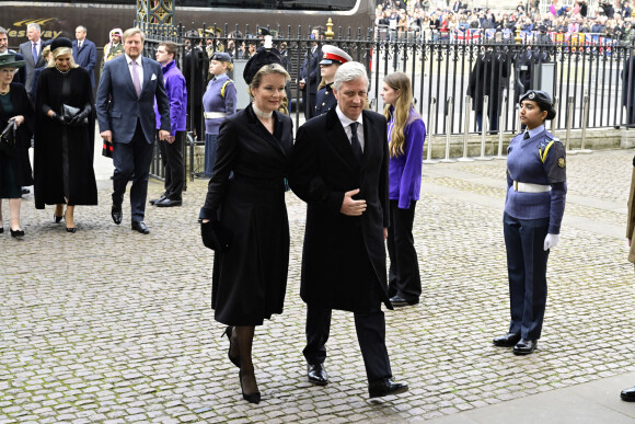 La reine Mathilde et le roi Philippe de Belgique - Service d'action de grâce en hommage au prince Philip, duc d'Edimbourg, à l'abbaye de Westminster à Londres, le 29 mars 2022. Le prince Philip, duc d'Edimbourg, est décédé le 9 avril 2021. 