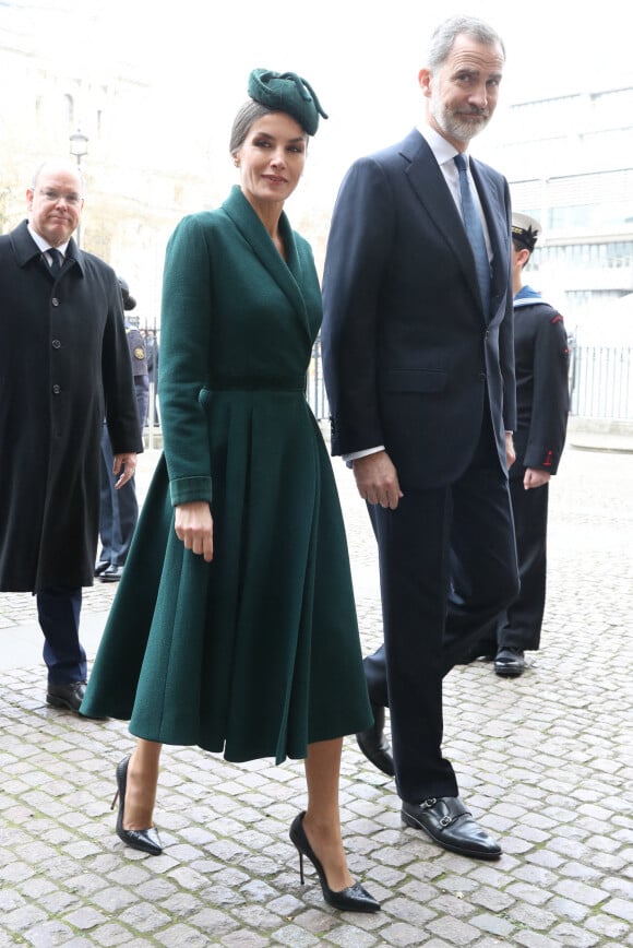La reine Consort Letizia d'Espagne et le roi Felipe VI arrivent pour la messe en hommage au duc d'Edimbourg à l'abbaye de Westminster à Londres, le 29 mars 2022. Photo by Stephen Lock / i-Images/ABACAPRESS.COM