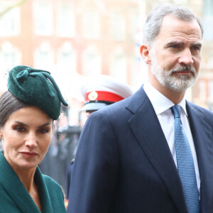 La reine Consort Letizia d'Espagne et le roi Felipe VI arrivent pour la messe en hommage au duc d'Edimbourg à l'abbaye de Westminster à Londres, le 29 mars 2022. Photo by John Rainford/Splash News/ABACAPRESS.COM