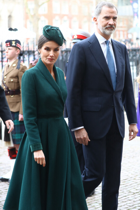 La reine Consort Letizia d'Espagne et le roi Felipe VI arrivent pour la messe en hommage au duc d'Edimbourg à l'abbaye de Westminster à Londres, le 29 mars 2022. Photo by John Rainford/Splash News/ABACAPRESS.COM