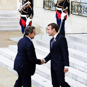 L'ancien président, Nicolas Sarkozy et le président, Emmanuel Macron - Le président de la République française a reçu les membres de la délégation française de Paris2024 ainsi que ses deux prédécesseurs au palais de l'Elysée à Paris, France, le 16 septembre 2017