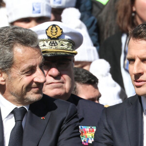 Jean-Michel Blanquer, ministre de l'Education Nationale, l'ancien président Nicolas Sarkozy, le président de la République, Emmanuel Macron - Le président de la République française, accompagné de l'ancien président, et des membres du gouvernement, ont fait le déplacement, pour rendre hommage aux résistants morts en 1944 lors de la Seconde Guerre Mondiale, à l'occasion du 75ème anniversaire des combats du plateau des Glières, à la nécropole nationale de Morette à La Balme-de-Thuy et Thônes, Haute-Savoie, France, le 31 mars 2019