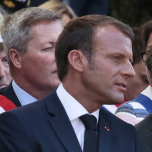 Le président Emmanuel Macron, Nicolas Sarkozy lors du 75ème anniversaire du débarquement en Provence pendant la seconde guerre mondiale à Saint-Raphaël le 15 août 2019