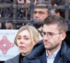 Olivier Pernaut et sa compagne - La famille de Jean-Pierre Pernaut à la sortie des obsèques en la Basilique Sainte-Clotilde à Paris le 9 mars 2022. © Cyril Moreau/Bestimage