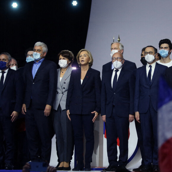 Xavier Bertrand, Michel Barnier, Eric Ciotti, Christian Jacob, Rachida Dati, François Baroin - Meeting de Valérie Pécresse, candidate LR à l'élection présidentielle 2022, au Zenith de Paris le 13 février 2022