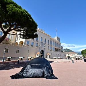 Illustration durant le dévoilement d'une Porsche Taycan électrique sur la place du Palais de Monaco, le 25 avril 2022, peinte par l'artiste Bernard Bezzina. Une fois dévoilée, la Porsche électrique ira rejoindre la Collection de Voitures du Souverain Albert II de Monaco à Fontvieille. © Bruno Bebert / Bestimage 