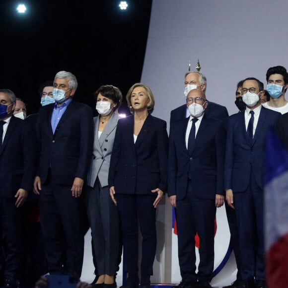 Xavier Bertrand, Michel Barnier, Eric Ciotti, Christian Jacob, Rachida Dati, François Baroin - Meeting de Valérie Pécresse, candidate LR à l'élection présidentielle 2022, au Zenith de Paris le 13 février 2022.