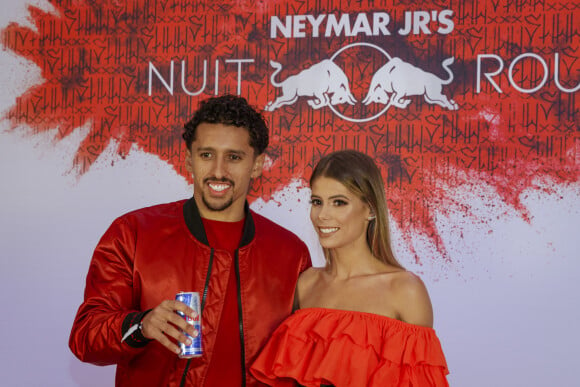 Marquinhos et sa femme Carol Cabrino lors de la soirée d'anniversaire "Neymar JR'S: Nuit Rouge" des 27 ans de Neymar Jr. au Pavillon Gabriel à Paris. © Sarah Bastin/Red Bull Content Pool/Bestimage