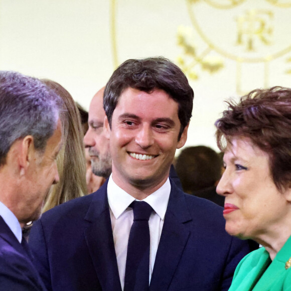 Nicolas Sarkozy, Gabriel Attal et Roselyne Bachelot - Cérémonie d'investiture du président de la République, Emmanuel Macron au Palais de l'Elysée à Paris le 7 ami 2022, suite à sa réélection le 24 avril dernier. © Dominique Jacovides/Bestimage 