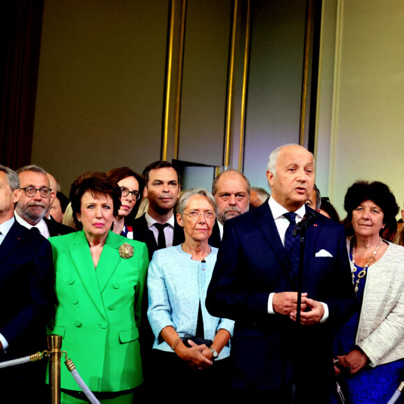 Jean-Yves Le Drian, Barbara Pompili, François Hollande, Nicolas Sarkozy, Roselyne Bachelot-Narquin, Elisabeth Borne, Éric Dupond-Moretti, Laurent Fabius, Frédérique Vidal, Emmanuel Macron - Cérémonie d'investiture du président de la République, Emmanuel Macron au Palais de l'Elysée à Paris le 7 ami 2022, suite à sa réélection le 24 avril dernier. © Dominique Jacovides/Bestimage 