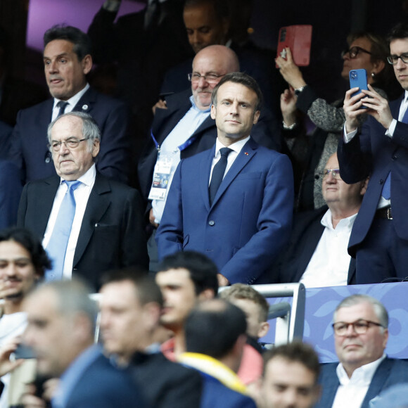 Jean-Michel Blanquer, Noël Le Graët, Emmanuel Macron - Le président de la république lors de la finale de la Coupe de France de football entre le FC Nantes et l'OGC Nice (1-0) au stade de France à Saint-Denis le 7 mai 2022