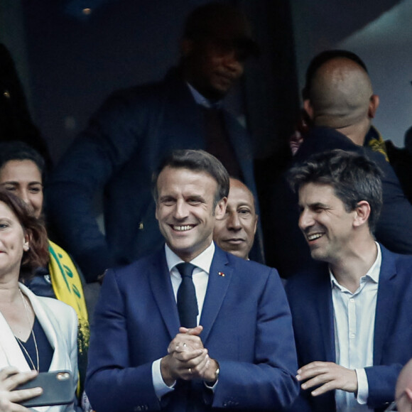 Le président de la Republique, Emmanuel Macron lors de la finale de la Coupe de France de football entre le FC Nantes et l'OGC Nice (1-0) au stade de France à Saint-Denis le 7 mai 2022