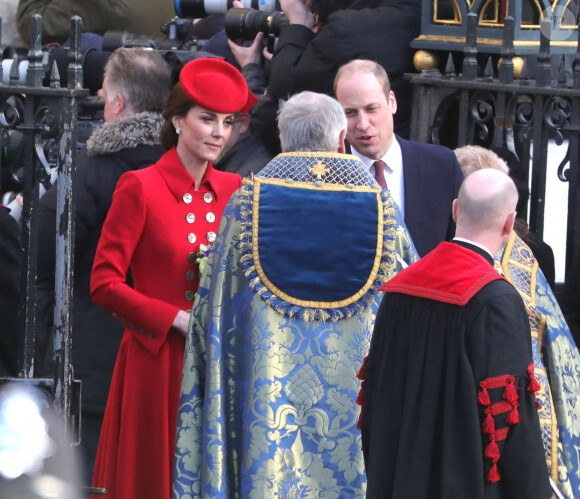 Catherine Kate Middleton, la duchesse de Cambridge et le prince William, duc de Cambridge - La famille royale britannique à la sortie de la messe en l'honneur de la journée du Commonwealth à l'abbaye de Westminster à Londres, le 11 mars